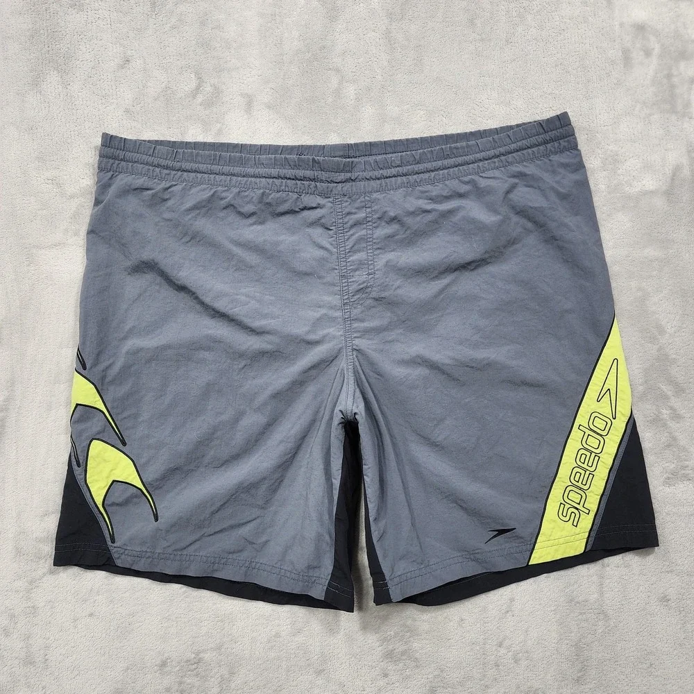 Speedo Swim Trunks Mens L Gray Yellow Colorblock Lined Quick Dry Beach Summer